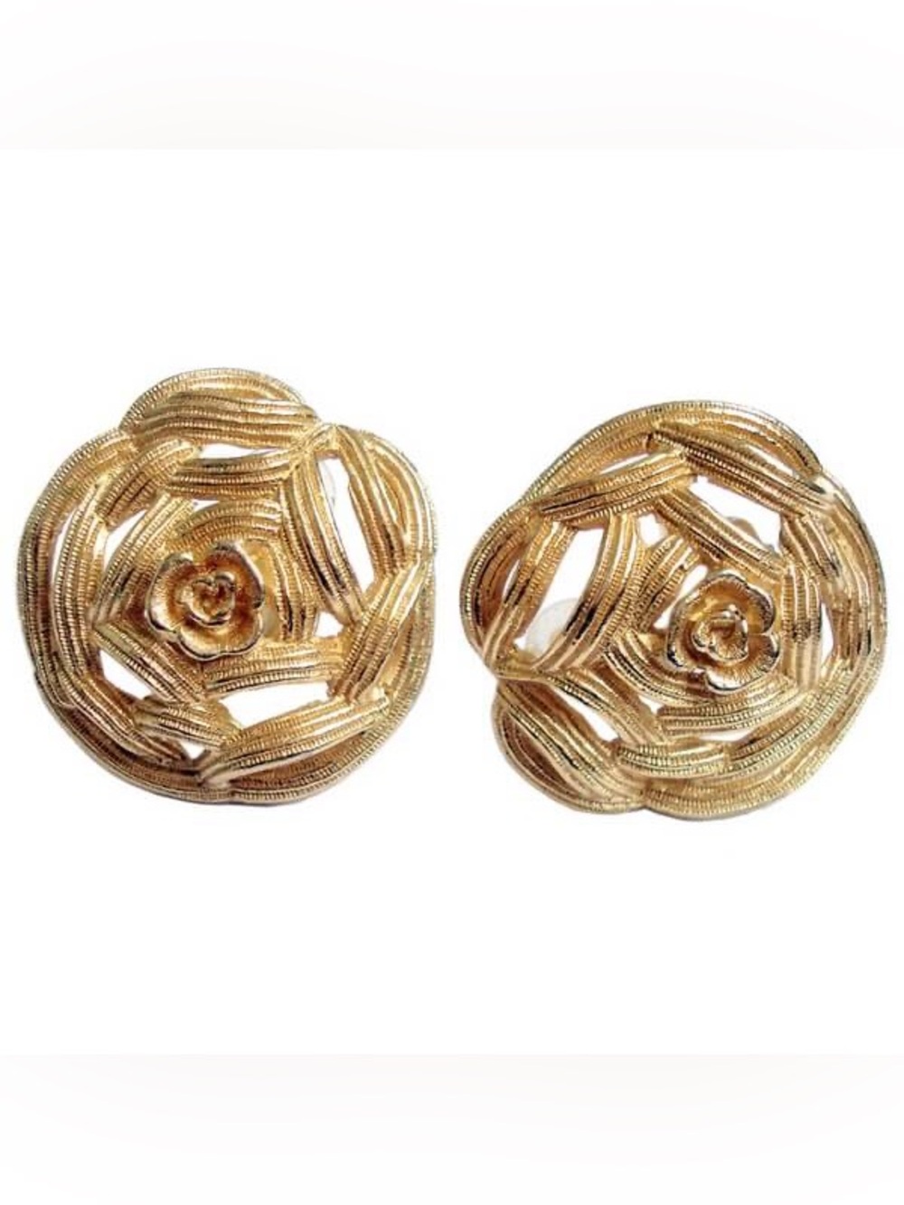 Authentic Vintage Dior Camellia Rose Flower Openwork Large Gold Clip-On Earrings